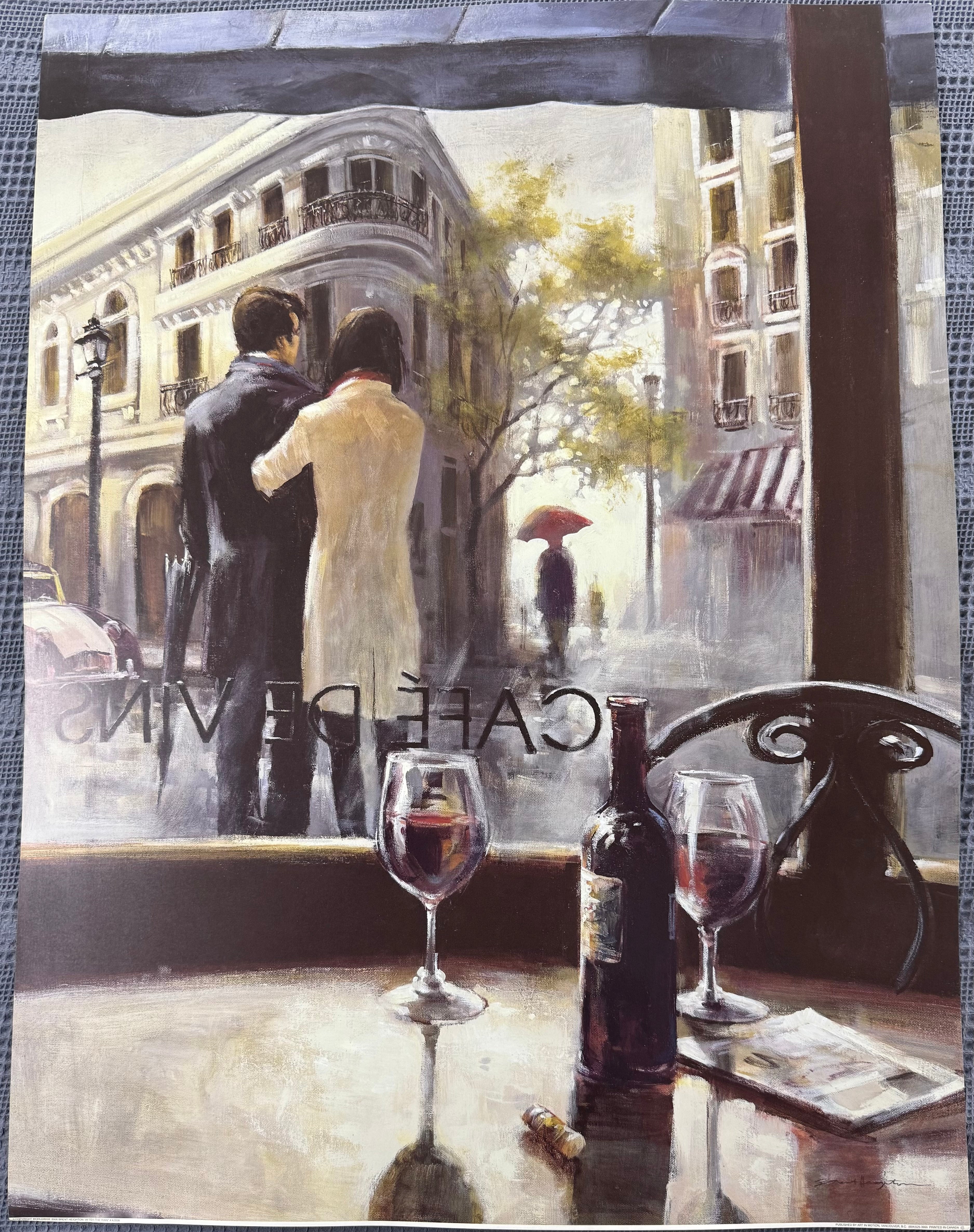 Couple by a café window with wine glasses and bottle on a rainy day