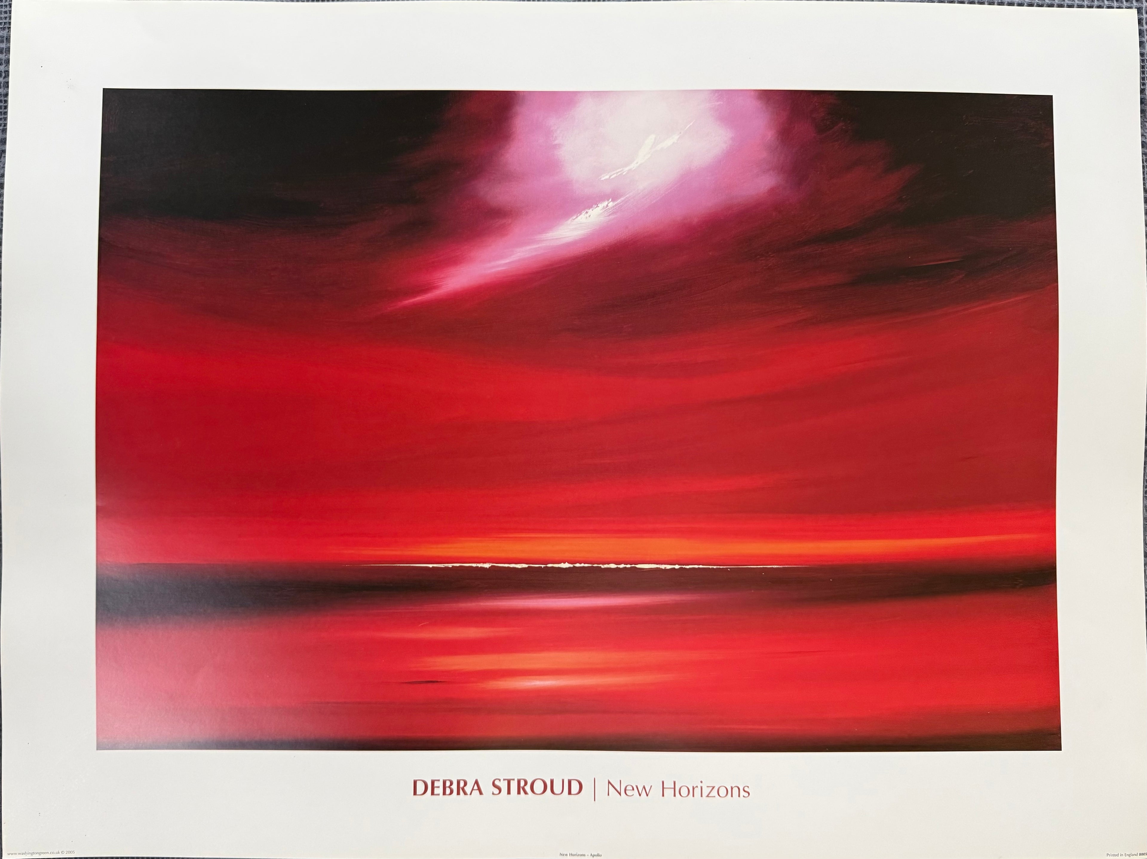 Abstract artwork with a red and black color scheme, signed 'Debra Stroud New Horizons'.