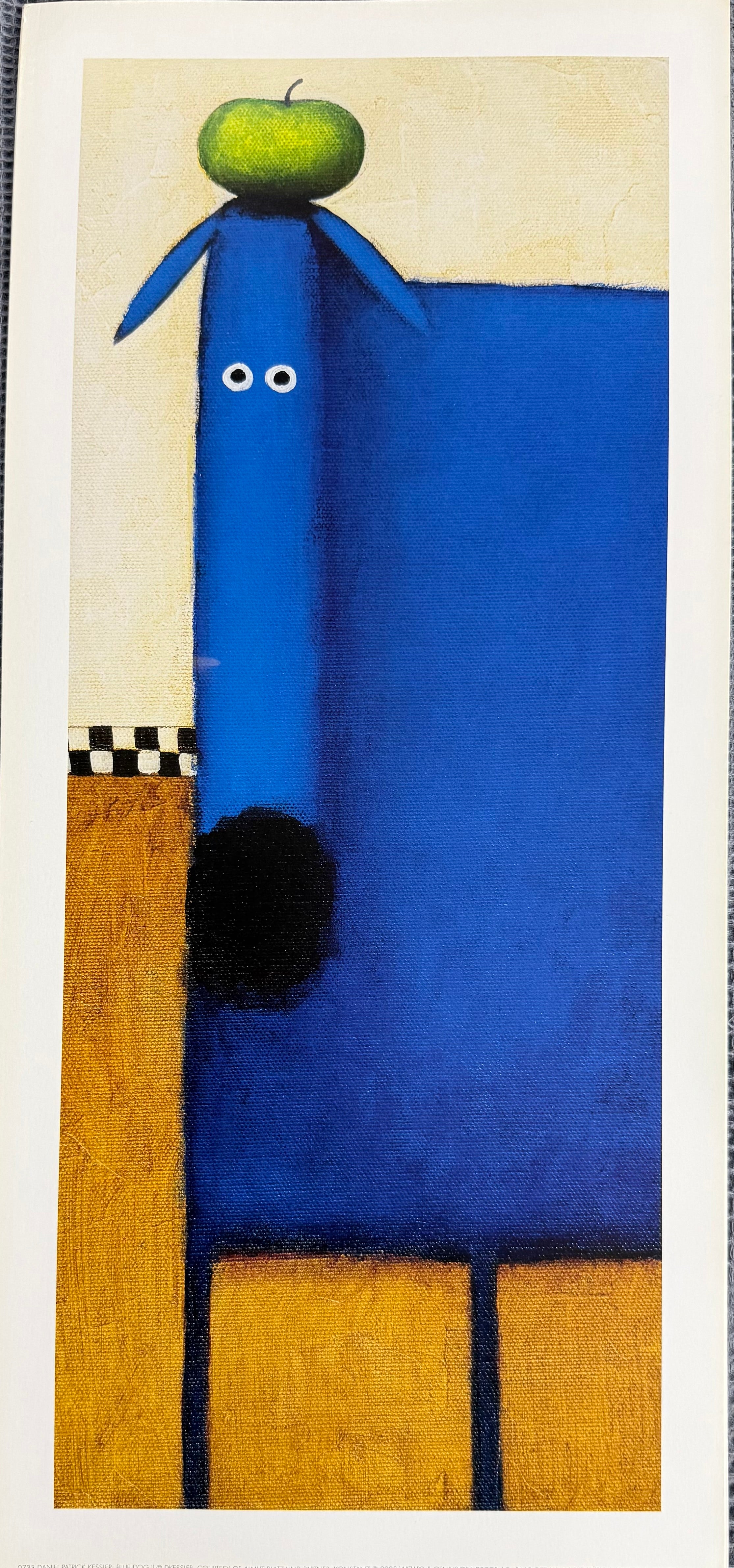 Abstract artwork with a blue creature-like figure, green apple, and black object on a beige background.