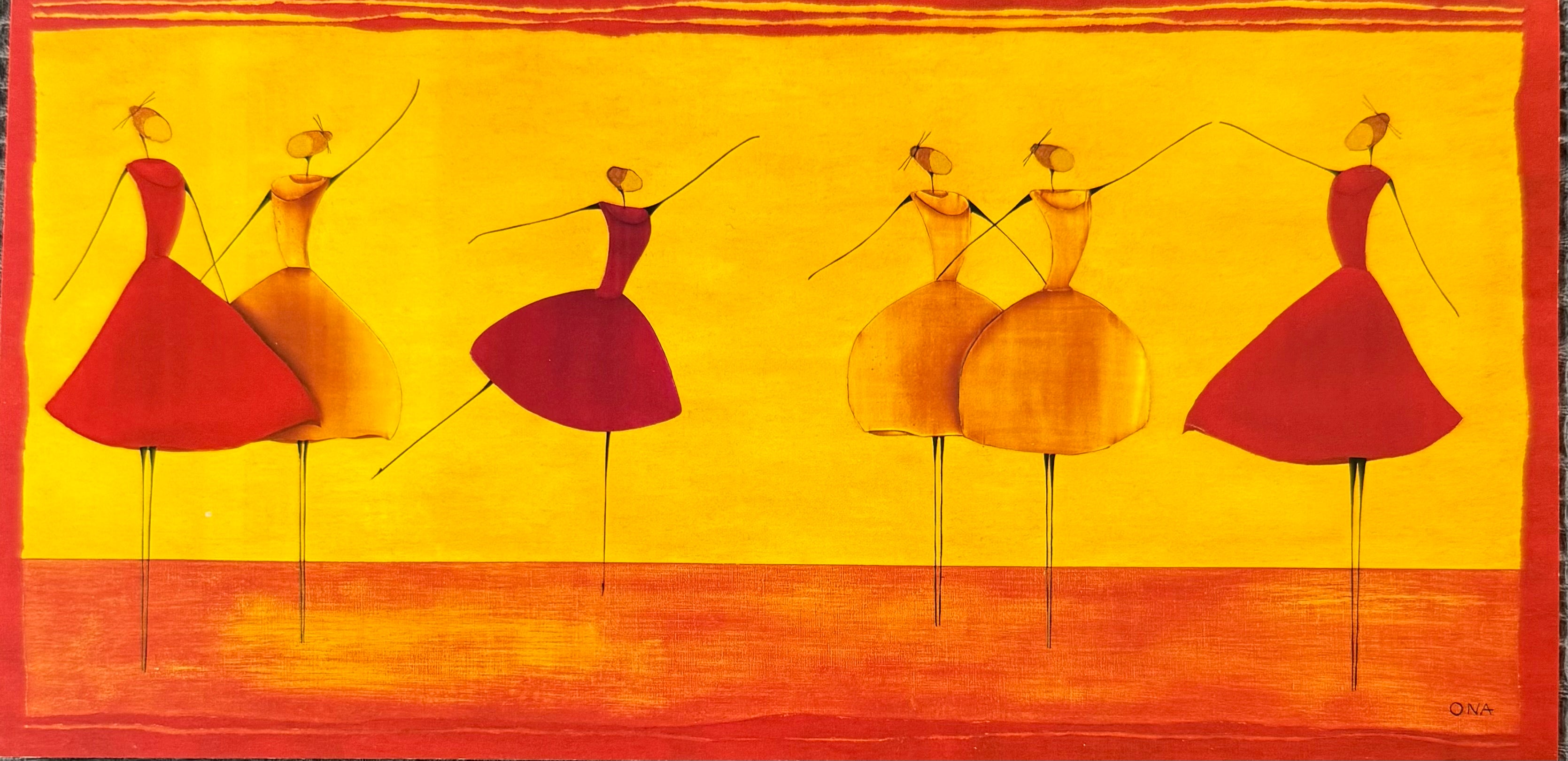 Artistic depiction of dancers in red and yellow dresses on a yellow background