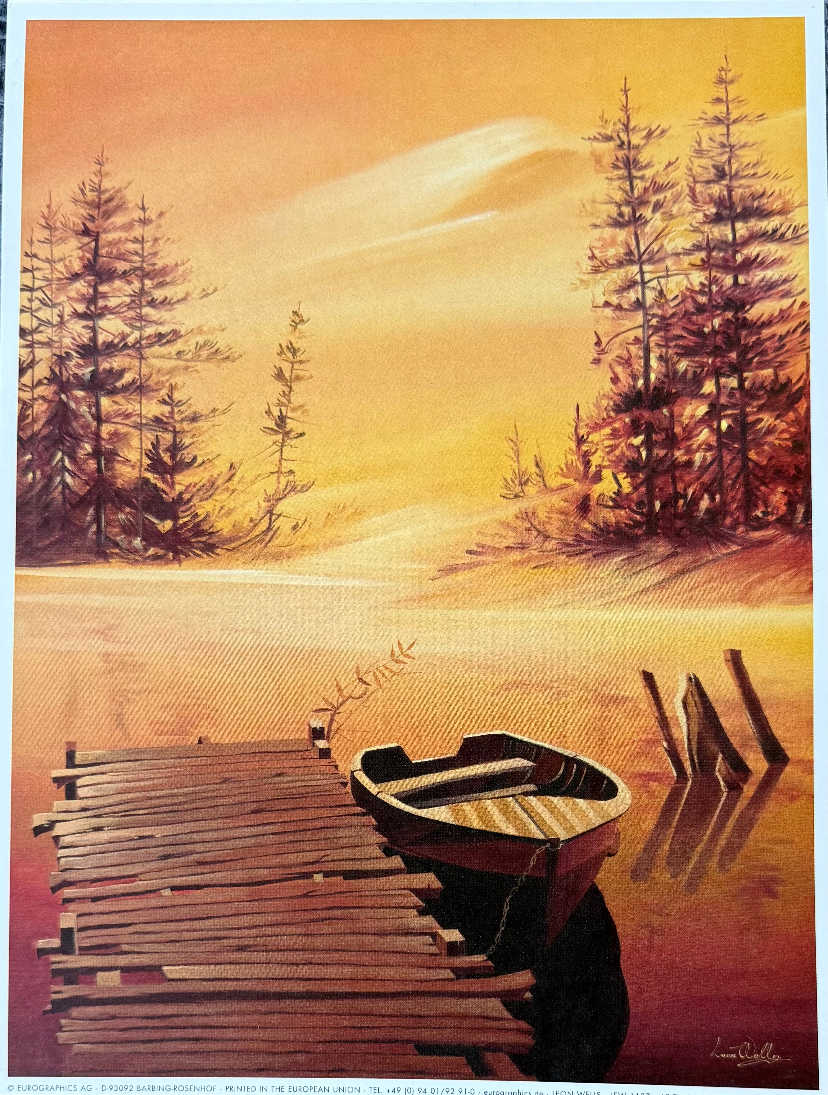 Painting of a dock with a boat on a lake surrounded by trees and mountains.