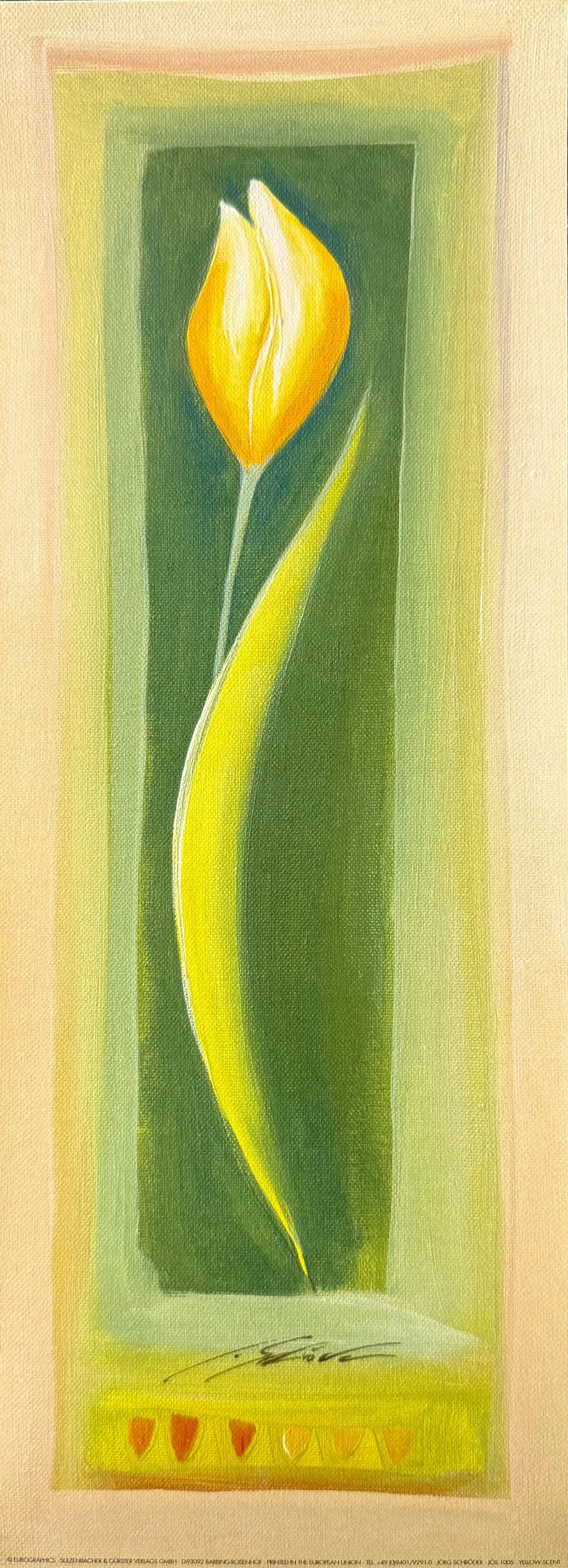 Painting of a yellow tulip on a green background with a beige border