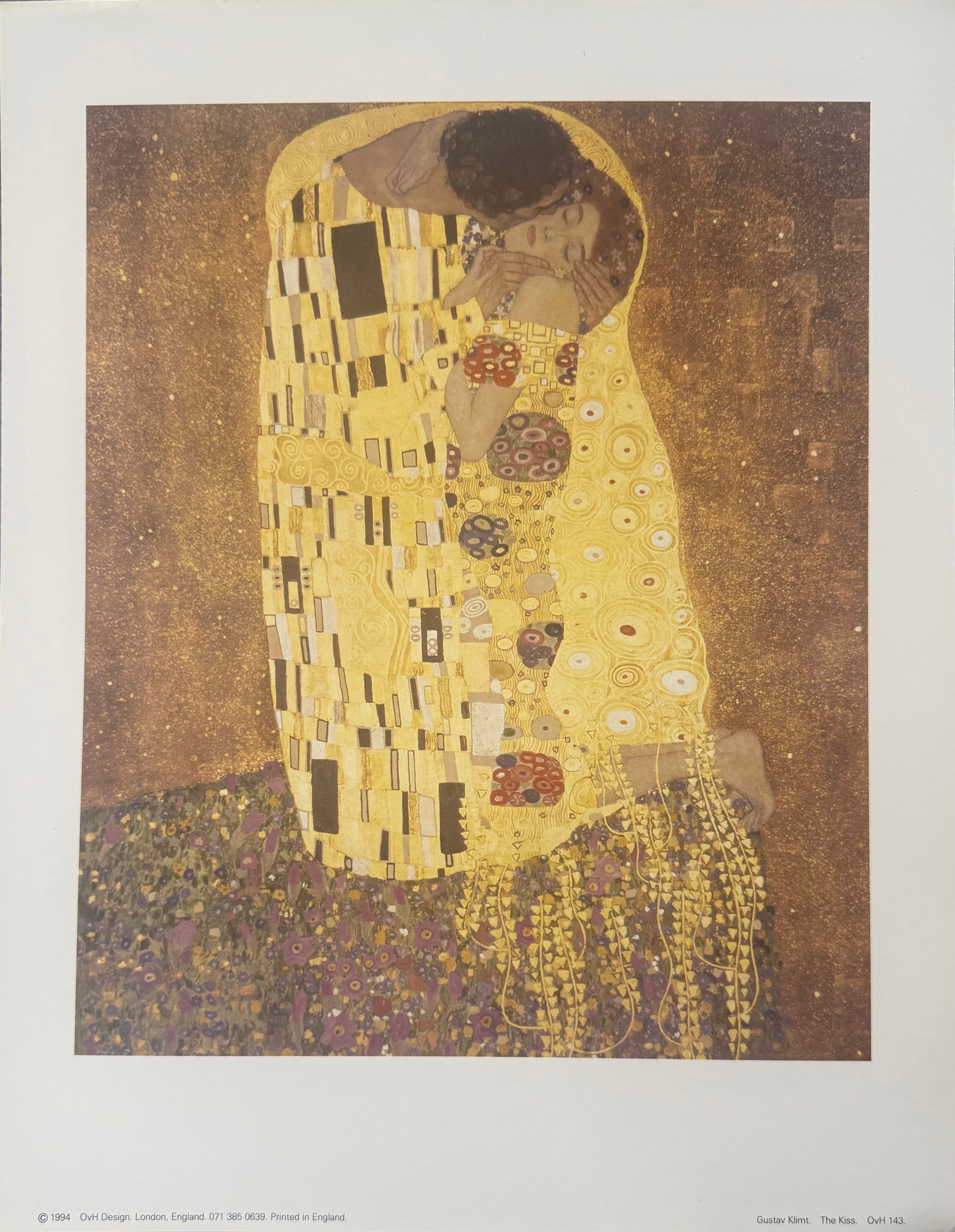 Artistic depiction of a couple embracing, with intricate patterns and colors.