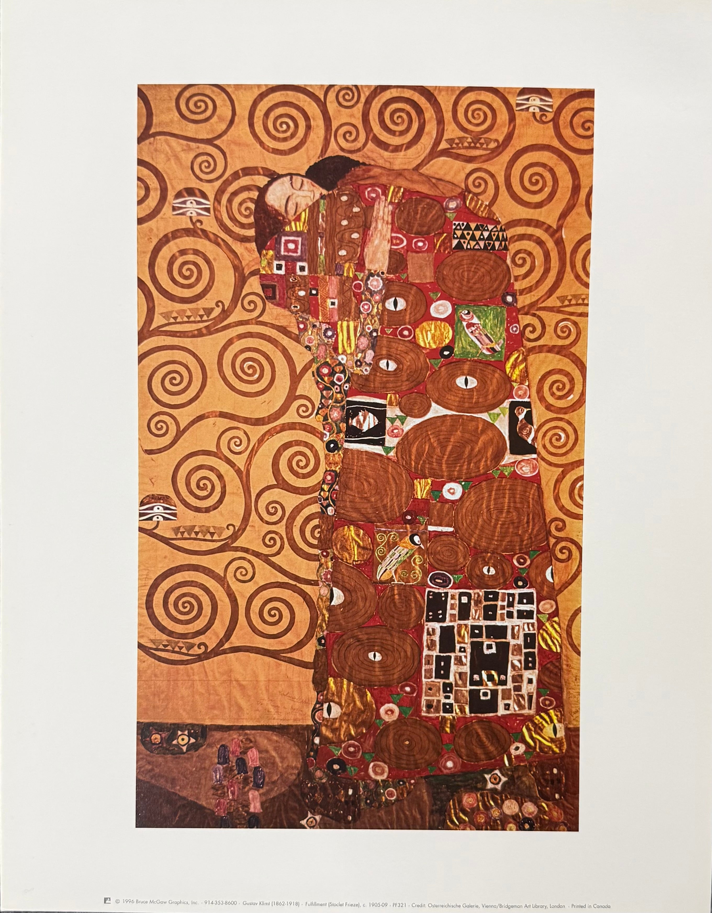 Gustav Klimt’s ‘Fulfilment’ (1862 - 1918), oil sketch of embracing lovers in robes with square and spiral patterns against gold background, evoking spiritual union.