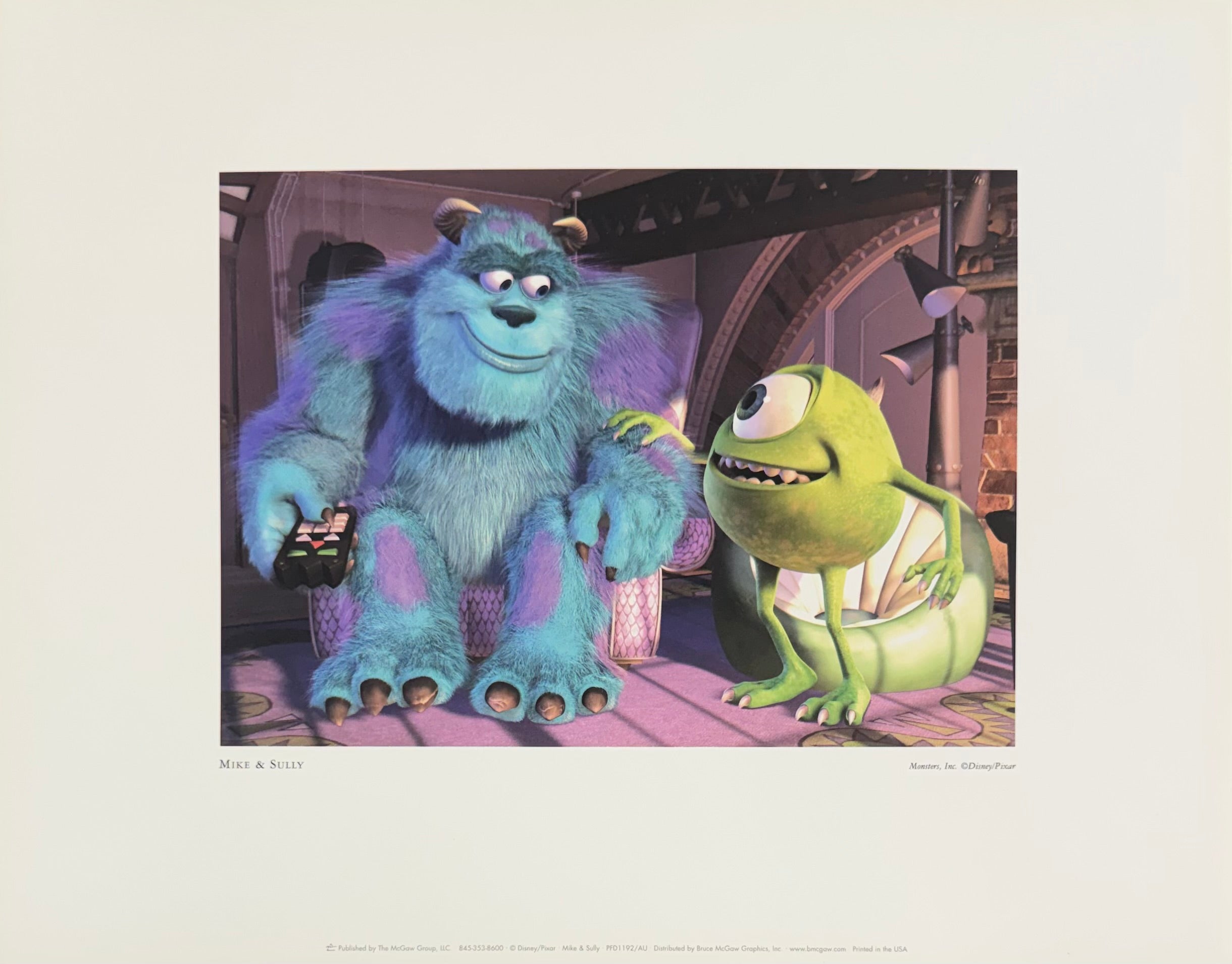 Mike and Sully from *Monsters, Inc.* are portrayed in a playful moment, showcasing their close friendship and teamwork, surrounded by a colorful, whimsical backdrop of the monster world.